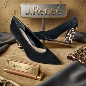 J. RENEE Women’s Black Suede Pointed Toe Pumps Leopard Print Calf Hair Heel 7.5